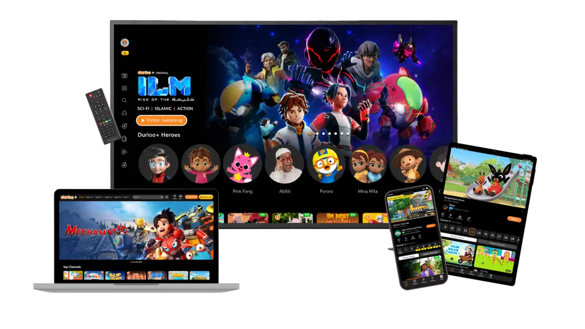Durioo+ di TV, tablet, telefon dan laptop