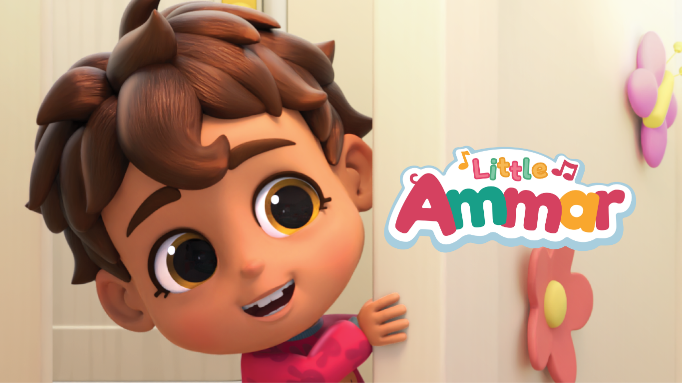 Little Ammar smiling happily peeking around a door